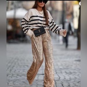 ZARA SEQUINNED WIDE LEG long TROUSERS. Color GOLD. SIZE XL.